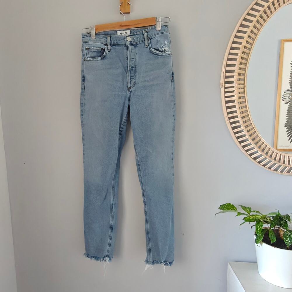 AGOLDE Nico High Rise Slim Rooted Distressed Raw Hem Light Blue Jeans 25